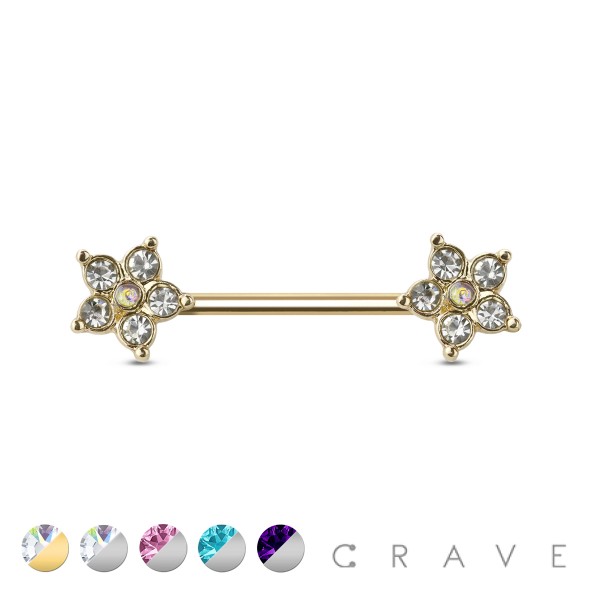 TWO TONE COLOR CZ FLOWER ENDS 316L SURGICAL STEEL BARBELL NIPPLE BAR